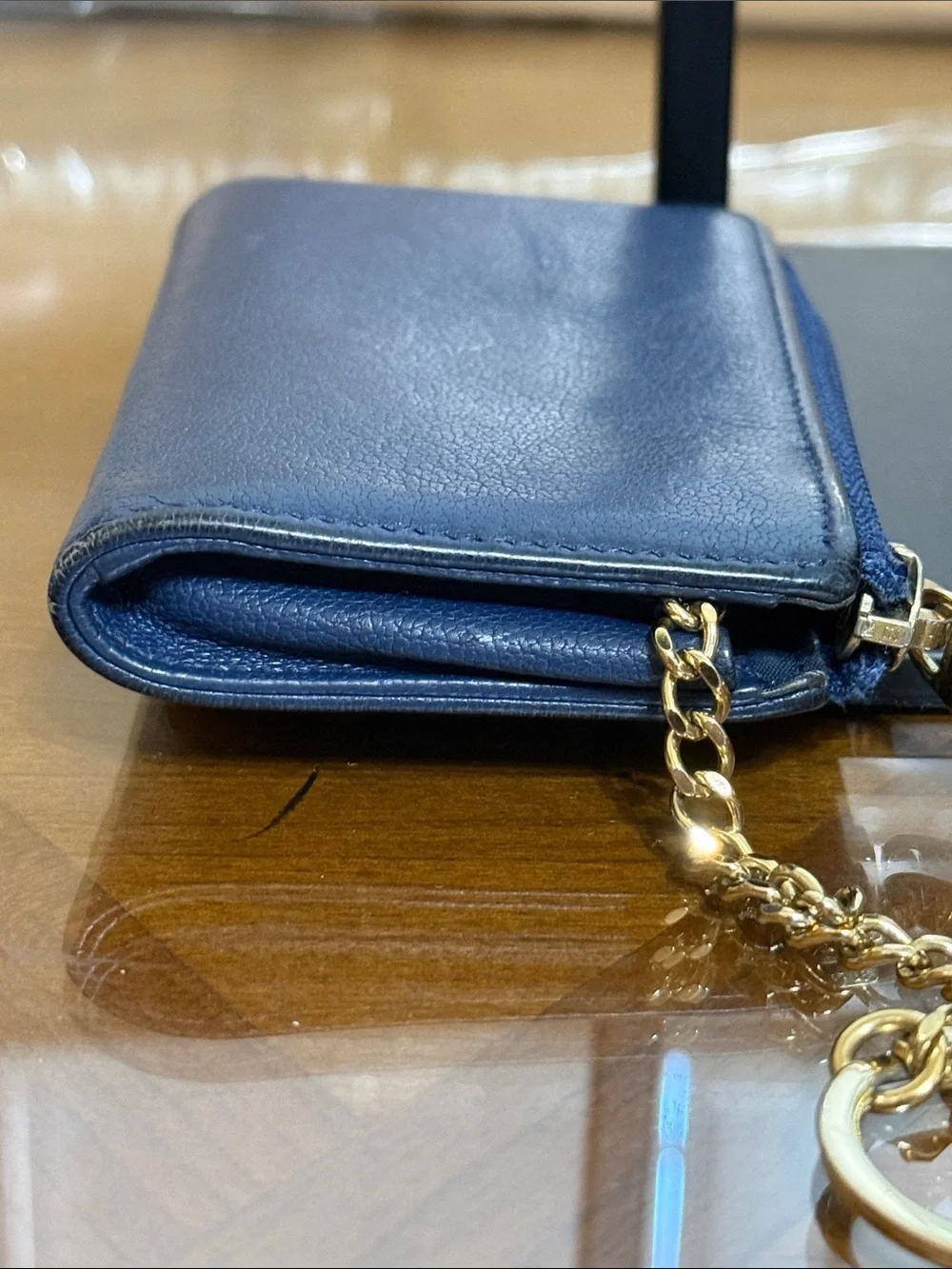 CHANEL Navy Leather CC Logo Key Pouch with Gold Chain